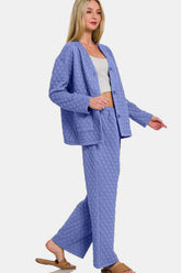 Zenana Quilted Button Up Long Sleeve Top and Pants Lounge Set OutfitFlow